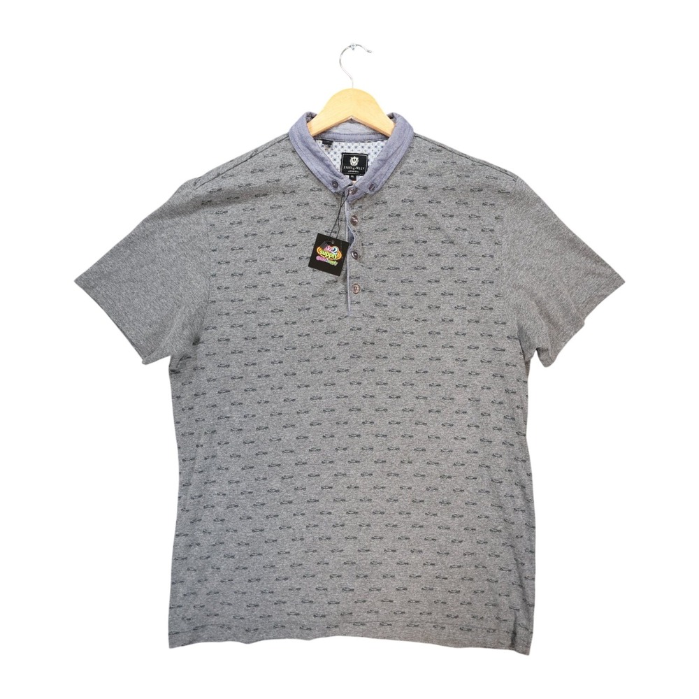 Steel & Jelly Polo Shirt Mens XL Charcoal Excellent‎ Car Print Henley